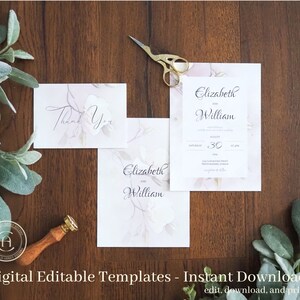 ELIZABETH - White Floral Wedding Invitation Template | Editable Romantic Wedding Invite | Printable Cards