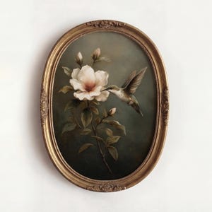 Lámina decorativa Colibrí: Arte floral imprimible de estilo vintage en verde oscuro intenso (Descarga digital) P879