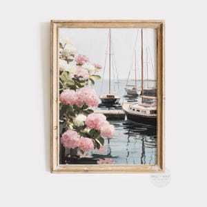 Hydrangea Sailboat Print | Vintage Style Nautical Art | Pastel Pink Floral | Cottagecore Decor | Ocean Seascape | Beach House Art | P733