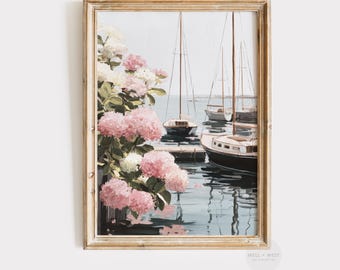 Hydrangea Sailboat Print | Vintage Style Nautical Art | Pastel Pink Floral | Cottagecore Decor | Ocean Seascape | Beach House Art | P733