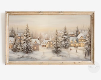 Christmas Winter Village Frame TV Art | Winter Landscape Painting | Samsung Frame TV Art | Vintage Holiday Neutral Winter Decor | TV022
