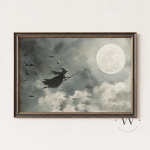 Witch On Broomstick Print | Halloween Full Moon Painting | Antique Witchy Decor | Vintage Moody Fall Decor | Spooky Printable Art | P227