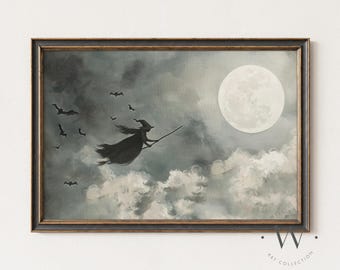 Witch On Broomstick Print | Halloween Full Moon Painting | Antique Witchy Decor | Vintage Moody Fall Decor | Spooky Printable Art | P227