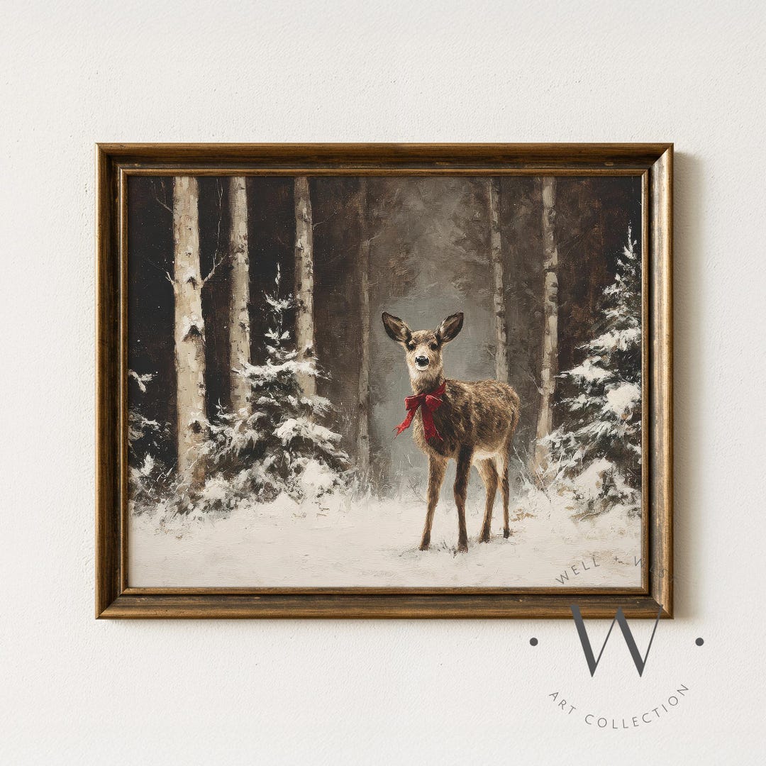 Deer in Winter Forest Print: Moody Neutral Vintage Style Christmas Art ...