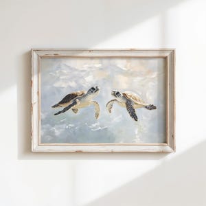 Sea Turtle Print | Pastel Blue Painting | Beach House Decor | Vintage Style Coastal Bathroom Wall Art | Boy Nursery Tropical Wall Art | P169 image 3