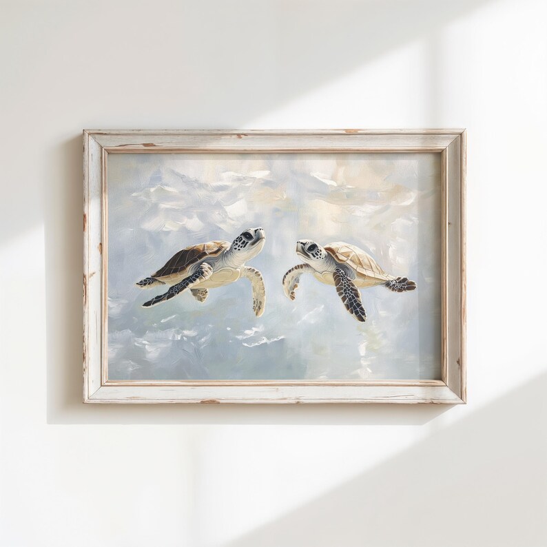 Sea Turtle Print | Pastel Blue Painting | Beach House Decor | Vintage Style Coastal Bathroom Wall Art | Boy Nursery Tropical Wall Art | P169 image 3