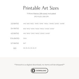 Puede incluir: Gr&aacute;fico de color crema con el texto "Printable Art Sizes" y una lista de proporciones y tama&ntilde;os de impresi&oacute;n, incluyendo 10x15 cm, 20x25 cm y 40x50 cm. La imagen tambi&eacute;n incluye un bot&oacute;n de descarga.