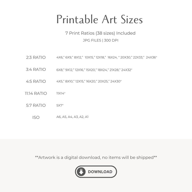 Puede incluir: Gr&aacute;fico de color crema con el texto "Printable Art Sizes" y una lista de proporciones y tama&ntilde;os de impresi&oacute;n, incluyendo 10x15 cm, 20x25 cm y 40x50 cm. La imagen tambi&eacute;n incluye un bot&oacute;n de descarga.