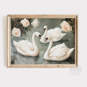 Saliegroene zwaanprint | Witte zwaan schilderij | Lichtpastelroze bloemsierkunst | Afdrukbare kunst in vintagestijl | Babykamerdecoratie meisjeskamer | P616