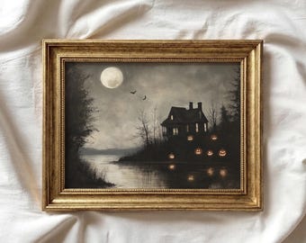 May include: A framed Halloween-themed painting. The artwork depicts a spooky house on a hill, illuminated by jack-o'-lanterns, under a full moon. The frame is gold-colored, adding a classic touch to the eerie scene. The painting is set against a dark, atmospheric backdrop.