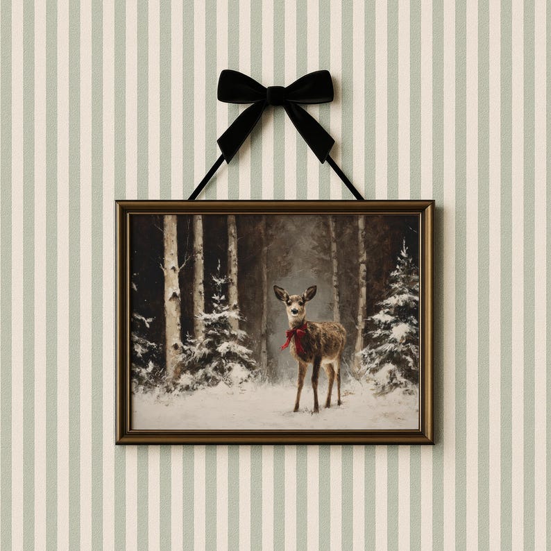 Deer in Winter Forest Print: Moody Neutral Vintage Style Christmas Art ...