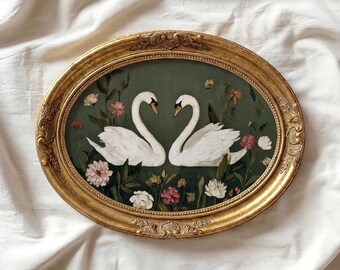 Romantic Swans Print: Vintage Style Sage Green Floral Printable Valentine Wall Art (P907)