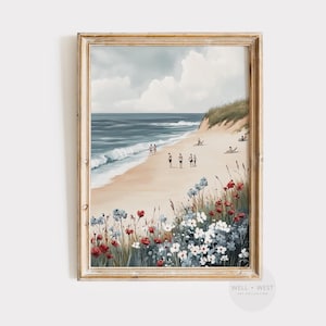 Coastal Beach Print | 4th of July | USA Independence Day | Summer Americana Printable Art | Patriotic Red, White, Blue Wildflowers | P587