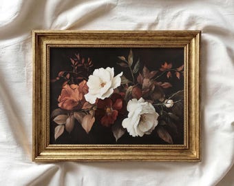 Vintage Fall Floral Print | Dark Autumn Flower Oil Painting | Moody Fall Wall Art | Botanical Printable Art | Thanksgiving Decor | P277