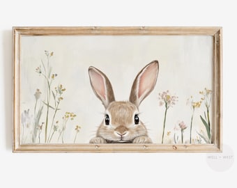 うさぎのフレーム付きテレビアート | ヴィンテージスタイルの野花の絵画 | 春のニュートラルな花柄テレビアート | 保育園用フレーム付きテレビの春の装飾 | TV443