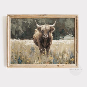 Highland Cow Print | Vintage Style Wildflower Field | Neutral Fall Printable Wall Art | Countryside Highland Cattle | Farmhouse Decor | P065