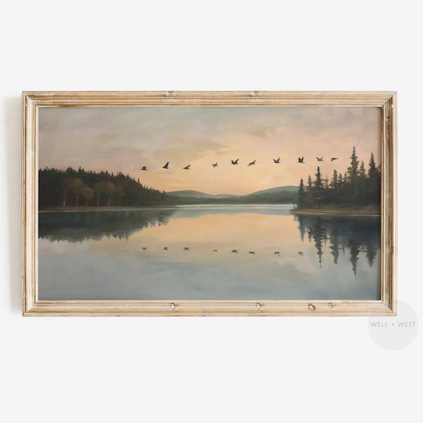 Samsung Frame TV Art Birds | Flying Bird Flock Painting | Vintage Country Lake Painting | Spring Sunset Cottagecore Lake House Decor | TV068