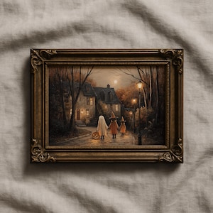 May include: A framed Halloween-themed painting depicts children in costumes walking down a moonlit street towards a house. The painting features a gold ornate frame and a warm color palette of oranges, browns, and yellows.