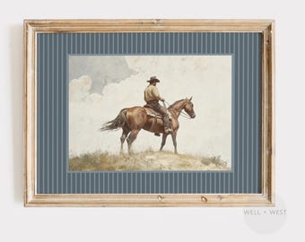 Striped Cowboy Print | Vintage Style Rodeo Painting | Western Wall Art | Retro Horse Print | Kids Nursery Decor | Boy Nursery Art | P601