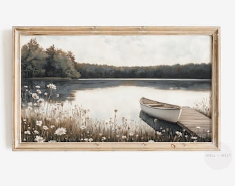 Spring Lake Frame TV Art | Vintage Style Boat Painting | Wildflower Landscape | Rustic Beach House Decor | Summer Lake House Art | TV468