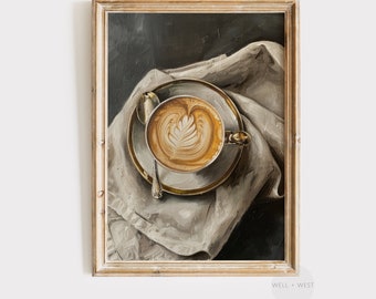 Humeurige koffiekunstafdruk | Neutrale keukenmuurkunst | Vintage stillevenschilderij | Koffiebardecoratie | Housewarmingcadeau koffieliefhebber | P103