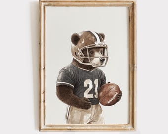 Football Bear Print | Vintage Style Brown Bear Watercolor | Boys Room Nursery Art | Navy Sports Office Decor | Football Lover Gift | P575