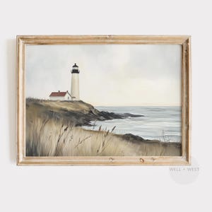 Lighthouse Print | Coastal Seascape Painting | Bathroom Art Printable Download | Boys Room Art | Beach House Decor | Muted Seaside | P548