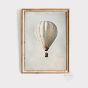 Impression montgolfière | décoration de chambre d'enfant vintage | Oeuvre d'art bleu estompé | Art antique pour chambre de garçon | Décoration de chambre d'enfants | Cottagecore neutre | P079