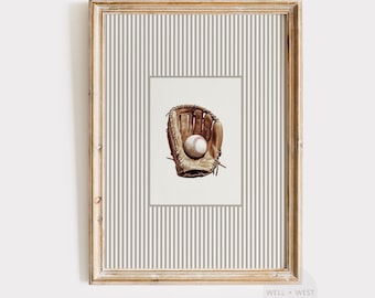 Baseball Glove Print | Vintage Style Baseball Art | Neutral Nursery Sports Decor | Boys Room Stripes Printable Art | Baseball Gift | P569