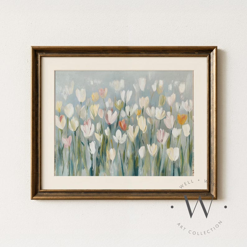 Impresión abstracta de tulipanes, estilo vintage, flores pastel, pintura de jardín botánico, decoración campestre francesa, arte floral imprimible, impresión azul apagado P970 imagen 7