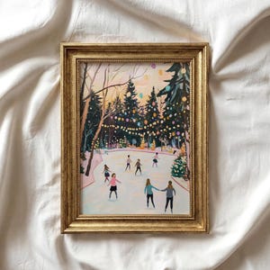 Pastel Ice Skating Print | Vintage Style Winter Landscape | Printable Pink Christmas | Seasonal Wall Art | Winter Whimsical Tree Art | P369 image 1