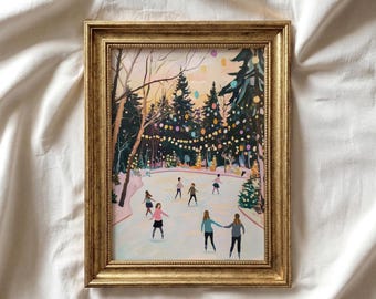 Estampado de patinaje sobre hielo en tonos pastel / Paisaje invernal de estilo vintage / Navidad rosa imprimible / Arte mural de temporada / Arte de árbol invernal caprichoso / P369