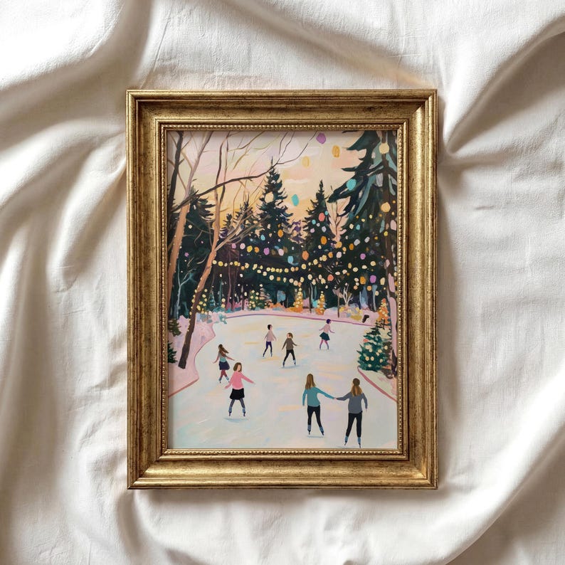 Pastel Ice Skating Print | Vintage Style Winter Landscape | Printable Pink Christmas | Seasonal Wall Art | Winter Whimsical Tree Art | P369 image 1