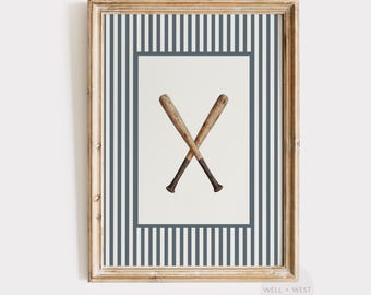 Lámina deportiva de bate de béisbol azul / Ilustración vintage de rayas azules, arte de pared para habitación de niños, guardería, cueva de hombre y oficina.