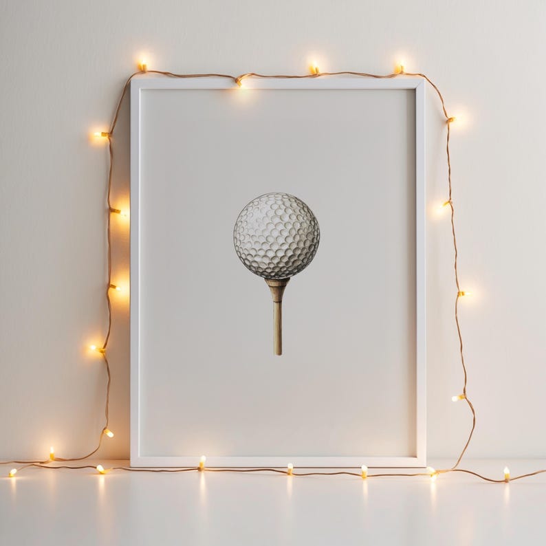 May include: A framed print featuring a golf ball on a tee. The golf ball is white with a dimpled surface, and the tee is a light brown color. The frame is white, and the image is decorated with a string of small, warm-toned lights.