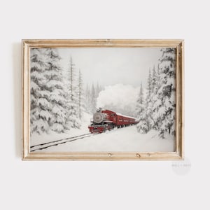 May include: A red vintage steam train travels through a snowy forest. The train is pulling several passenger cars. The trees are covered in snow and the ground is covered in snow.