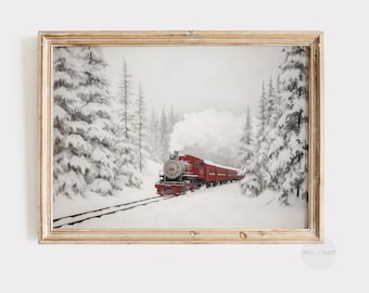 May include: A red vintage steam train travels through a snowy forest. The train is pulling several passenger cars. The trees are covered in snow and the ground is covered in snow.
