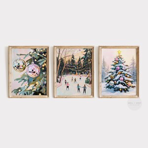 Pastel Ice Skating Print | Vintage Style Winter Landscape | Printable Pink Christmas | Seasonal Wall Art | Winter Whimsical Tree Art | P369 image 10