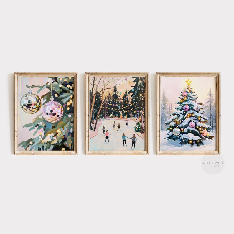 Pastel Ice Skating Print | Vintage Style Winter Landscape | Printable Pink Christmas | Seasonal Wall Art | Winter Whimsical Tree Art | P369 image 10