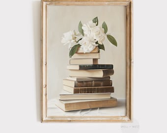 Stack of Books Painting | Spring White Flowers | Vintage Light Academia | Book Lover Gift | Bookworm Printable | Cottagecore Decor | P140