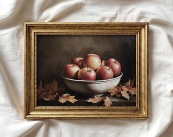 Fall Apple Print | Moody Still Life Oil Painting | Autumn Thanksgiving Print | Dark Aesthetic Printable | Vintage Style Kitchen Decor | P310