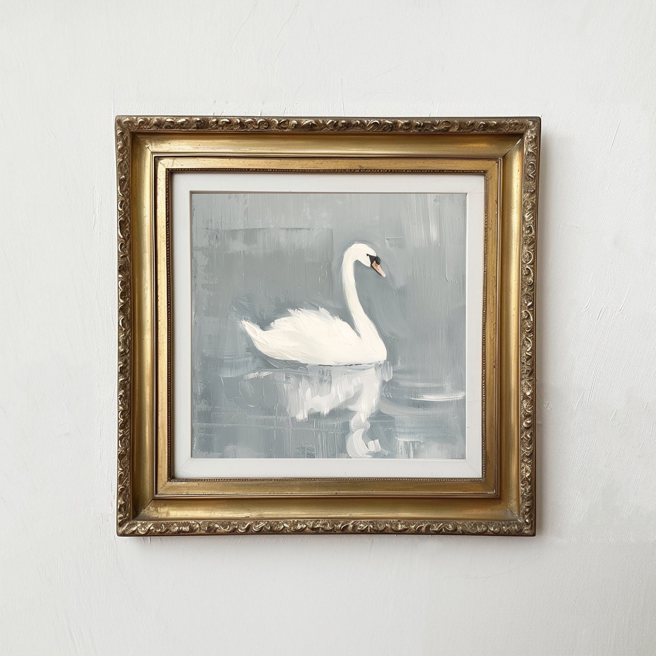 Swan Print | White Swan Vintage Style Painting | Muted Blue Artwork ...