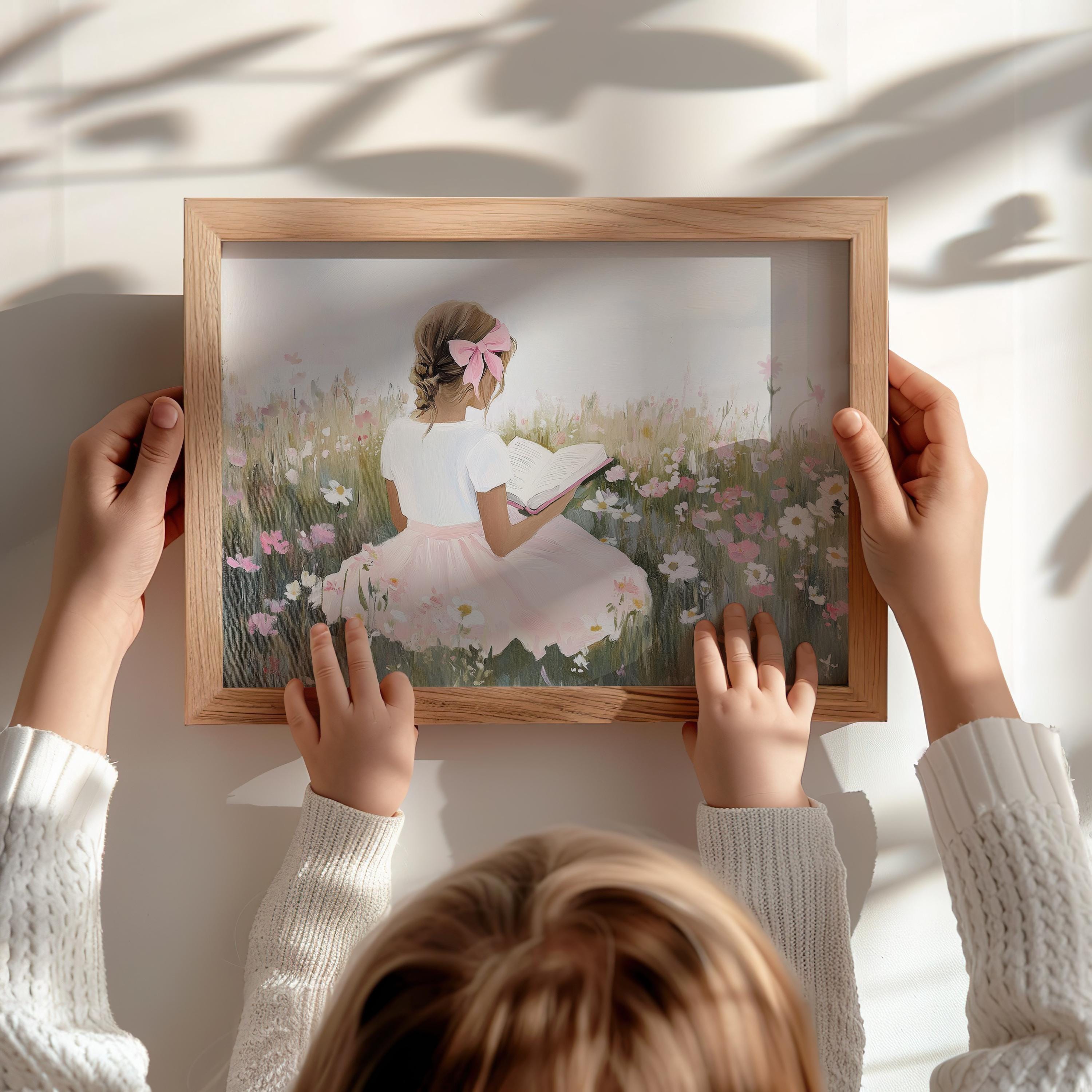 Blonde Girl Reading Book Print | Pastel Pink Bow | Vintage Style ...