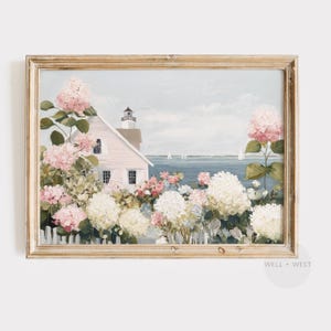 Lighthouse Beach House Print | Vintage Style Hydrangea Flower | Pastel Coastal Scene | Cottagecore Decor | Nautical Sailboat Wall Art | P734