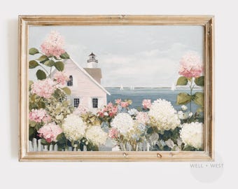 Leuchtturm-Strandhaus-Druck | Vintage Stil Hortensie Blume | Pastell Küstenszene | Cottagecore Dekor | Nautische Segelboot Wand Kunst | P734