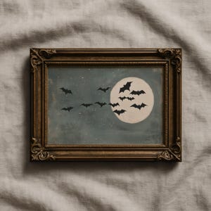 Bats Print | Halloween Full Moon Painting | Muted Blue Sky | Antique Witchy Decor | Vintage Moody Fall Decor | Spooky Printable Art | P651
