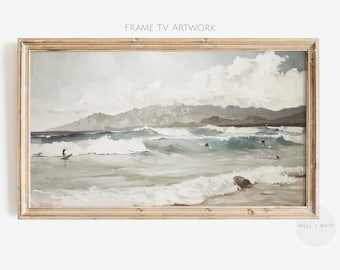 Summer Frame TV Art | Surfer Oil Painting | Vintage Ocean Landscape | Neutral Seascape Art | Coastal Beach House Decor | Surfer Gift | TV082
