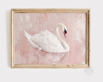 Swan Art Printable | White Swan Vintage Style Painting | Pastel Blush Pink Artwork | Coquette Girl Nursery Decor | Girly Aesthetic | P085