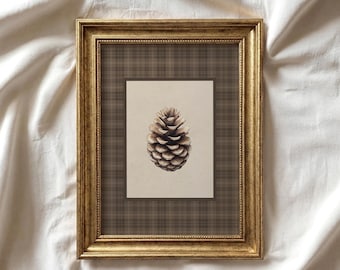 Pinecone Print | Vintage Style Illustration | Brown Plaid Neutral Fall Art | Autumn Thanksgiving Decor | Farmhouse Printable Art | P690