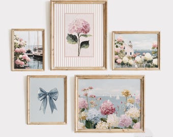 Coastal Set of 5 Prints | Sailboats Summer Gallery | Pastel Pink Hydrangeas Printable Wall Art | Beach House Decor | Apartment Decor | PS174